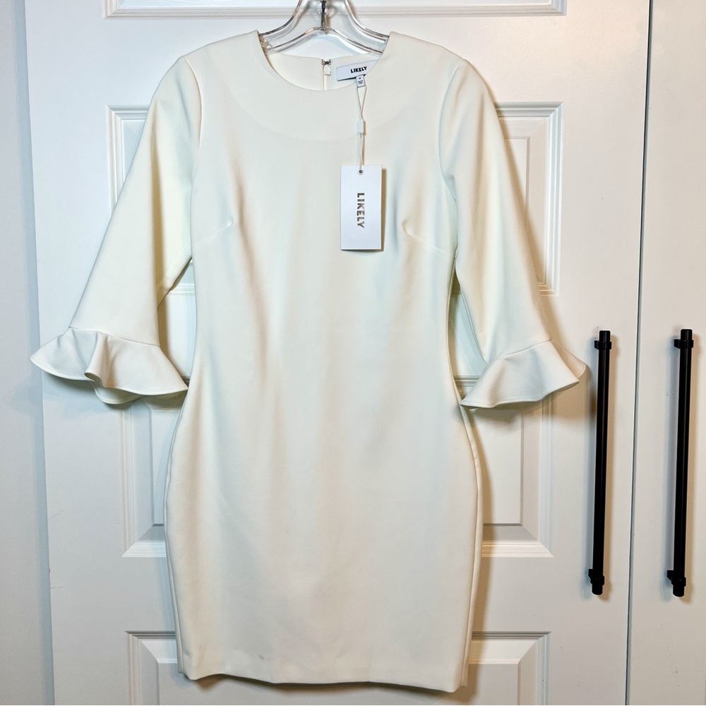 LIKELY White Bell Sleeve Sheath Dress NWT Size 4 Elegant Cocktail Bridal - Picture 2 of 8
